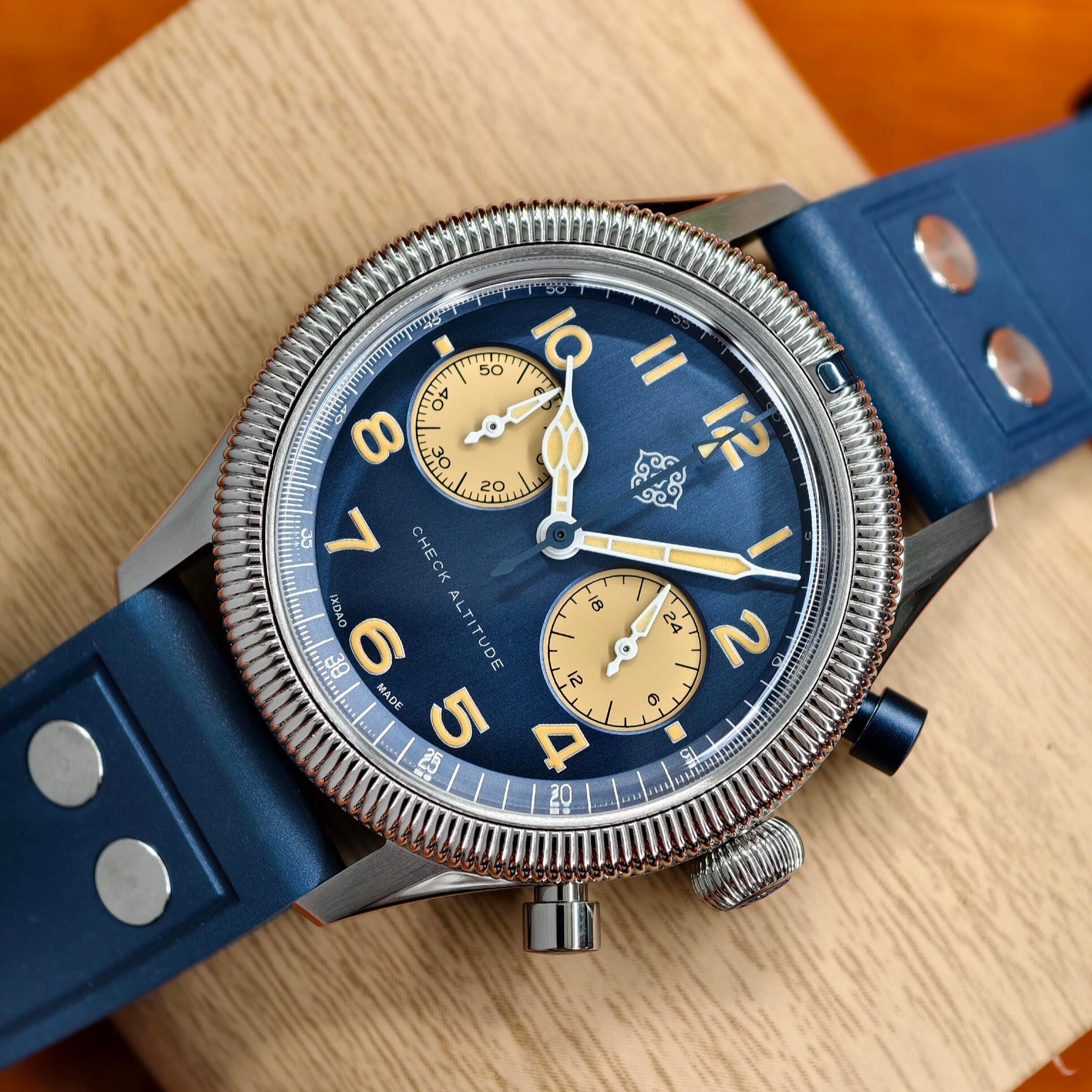 IXDAO Blue & Yellow Pilot Chronograph Watch | Retro Military Look