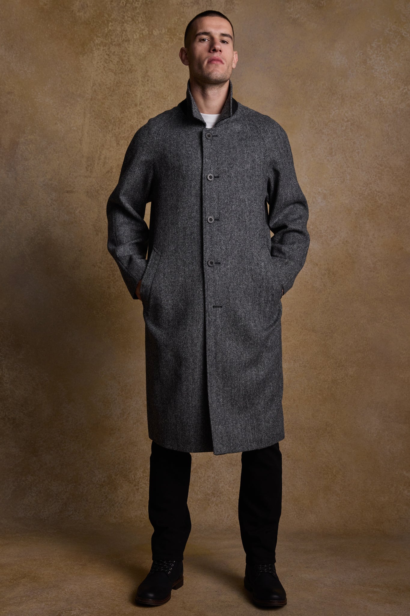 Sean Full-Length Tweed Coat - Charcoal Wide Herringbone