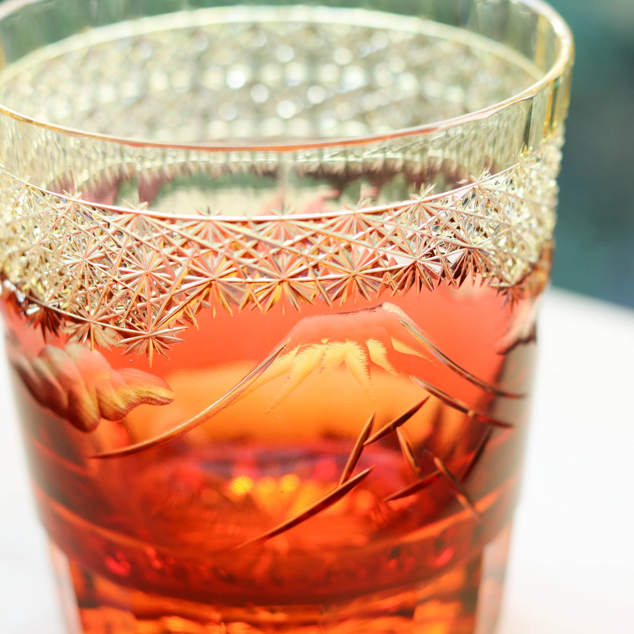 江戸切子 ロックグラス｜山下白雨｜琥珀 金赤｜山田硝子