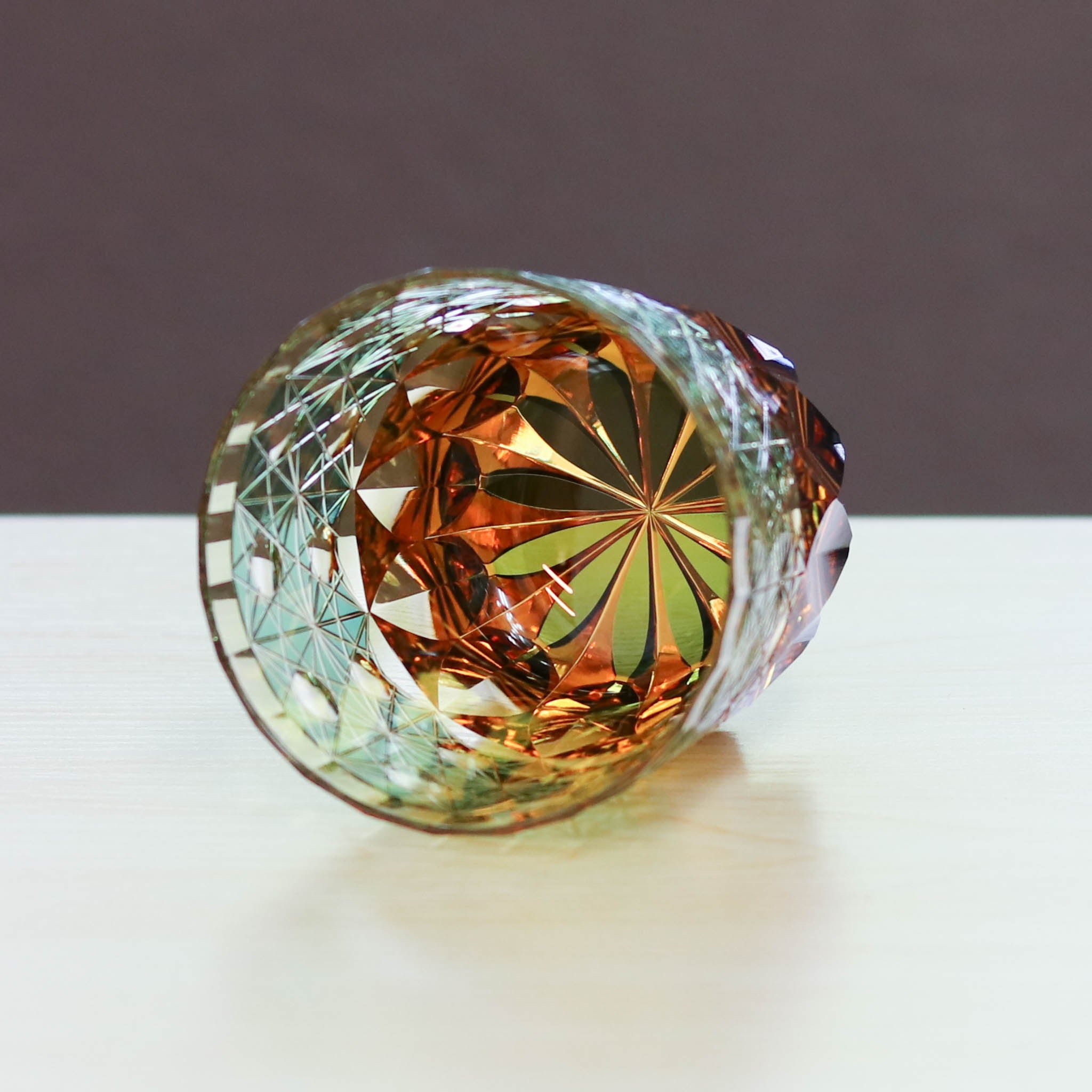 江戸切子 ロックグラス｜暁｜琥珀 グリーン｜山田硝子