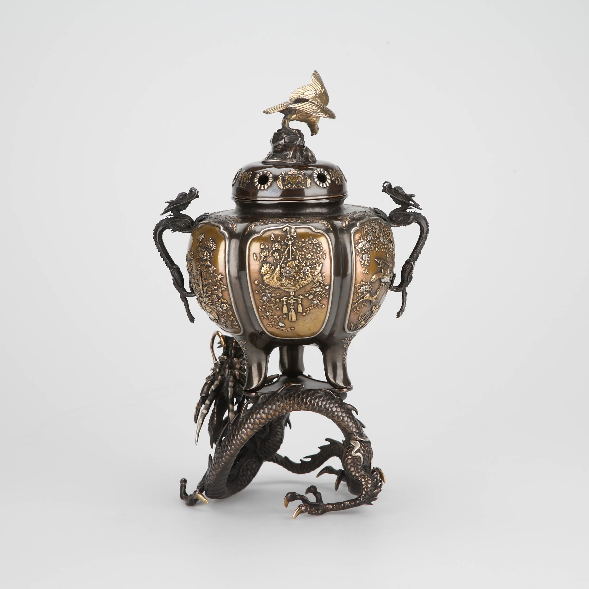 高岡銅器 香炉 | 菊割 龍台付 彩色 | 銅 | 喜泉堂