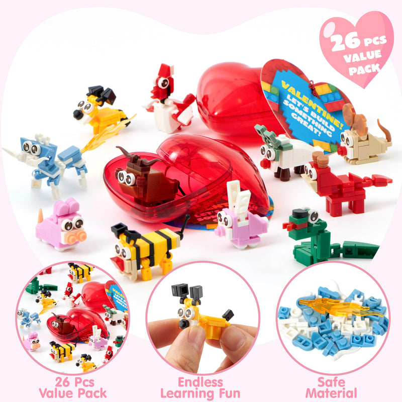 26 Packs Valentines Day Cards with Building Blocks, Prefilled
