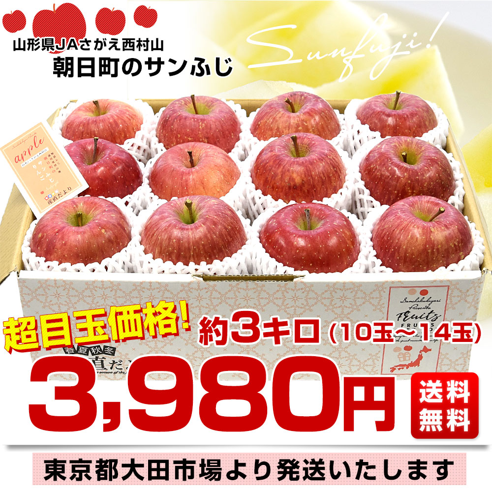 山形県産 JAさがえ西村山 朝日町のサンふじ 約3キロ (10玉から14玉