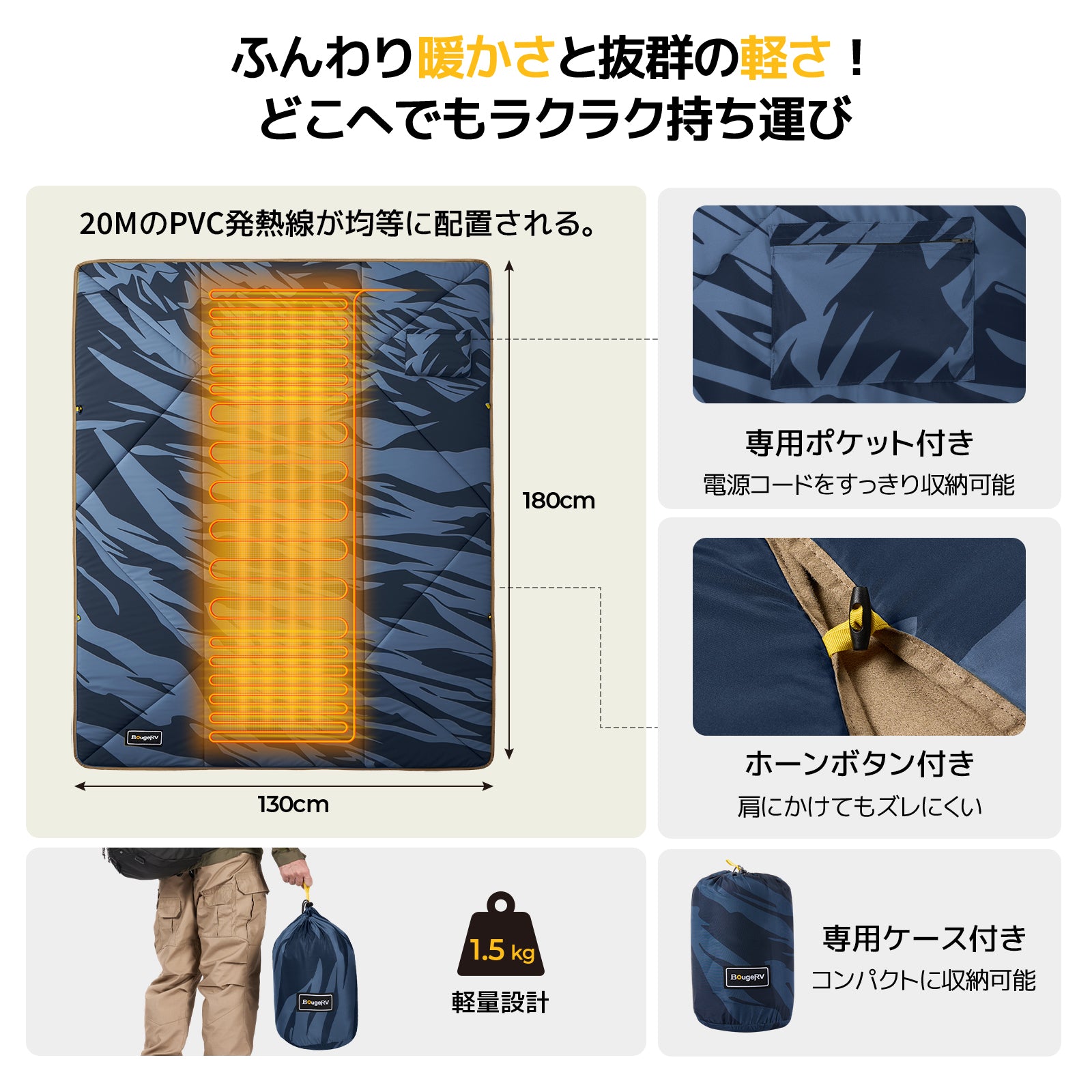 BougeRV 12V電気毛布│コンパクト・軽量・20時間連続使用可能 (ブルー