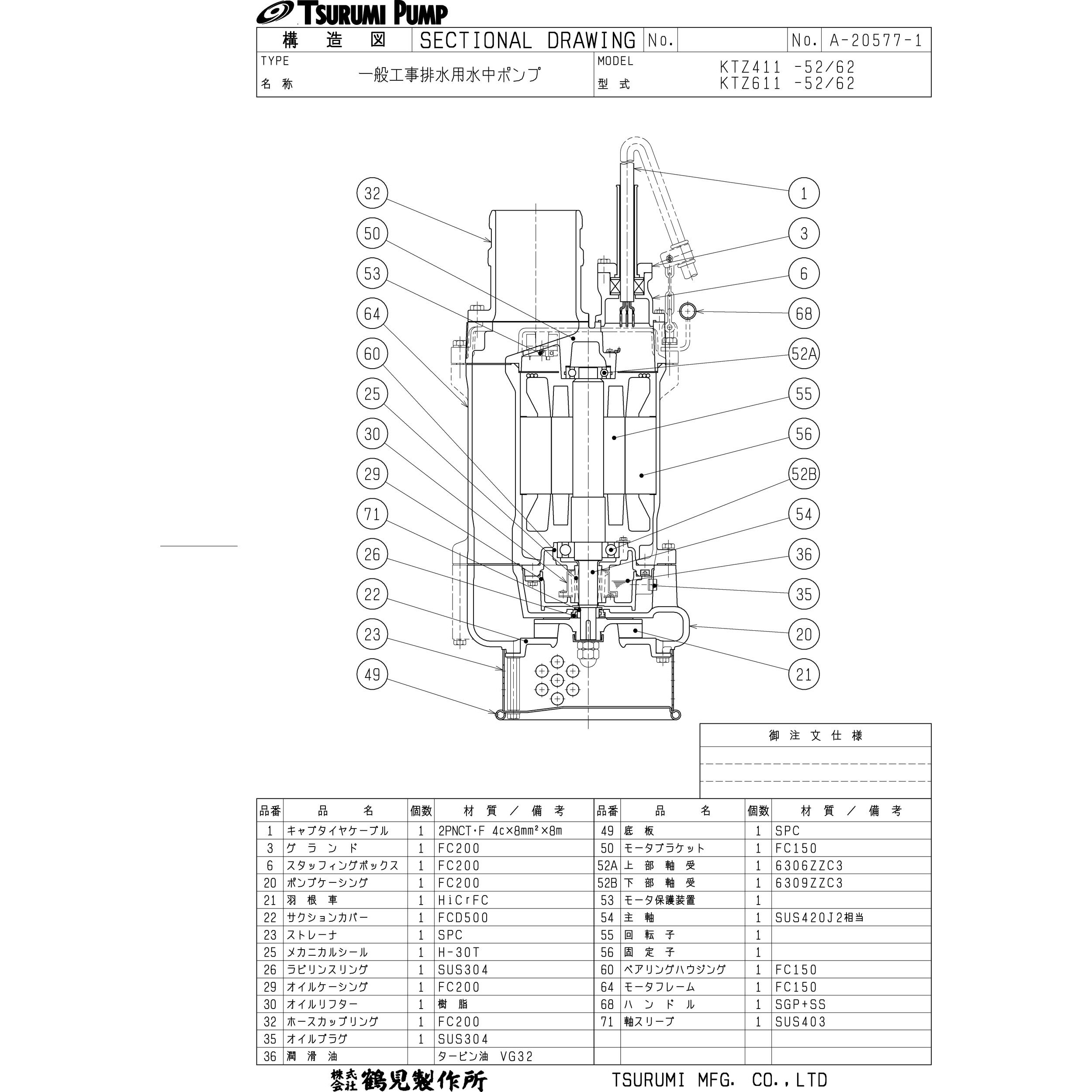 KTZ411 一般工事排水用水中ポンプ KTZ型 鶴見製作所 オープン 三相200V