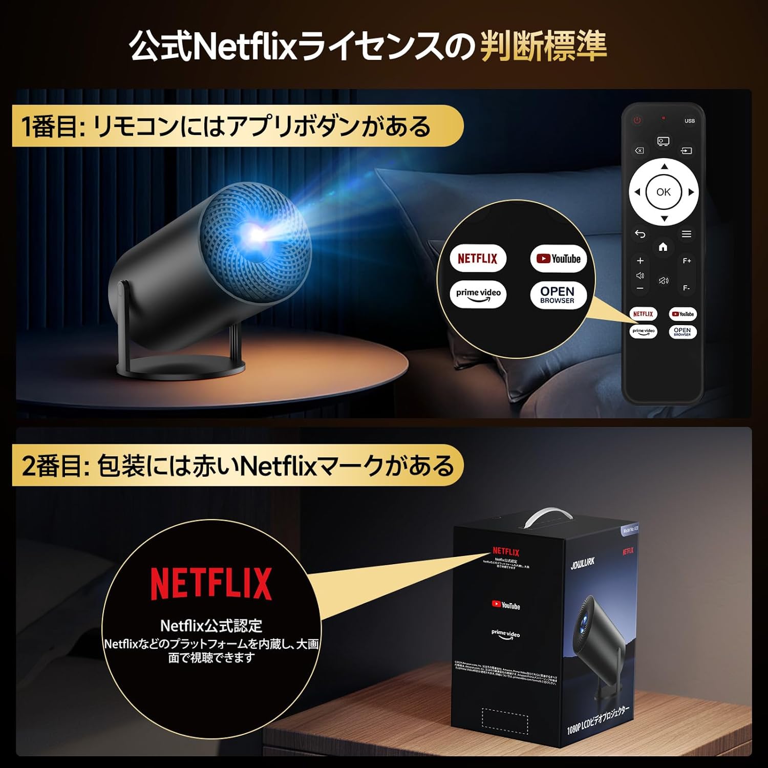 JOWLURKプロジェクター 家庭用【業界初公式Netflix・21000LM明るさ