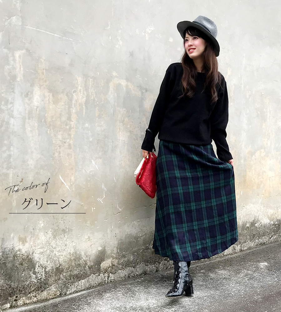 Milk tea next＞チェック柄フレアマキシスカート（ウエストゴム・お腹