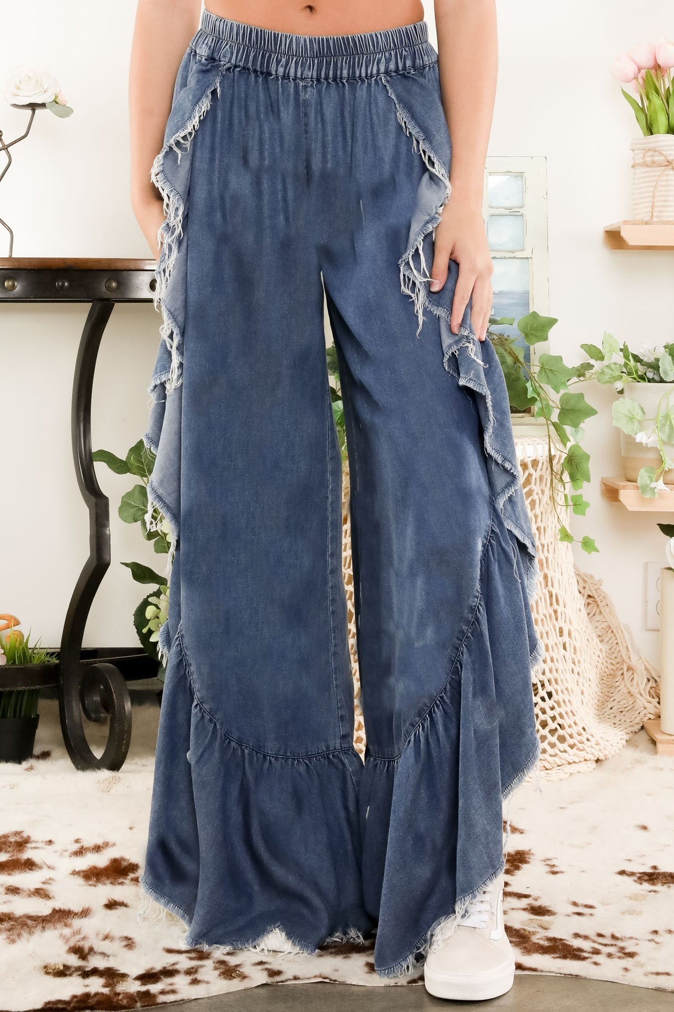BlueVelvet Ruffled Wide Leg Pants in Denim – June Adel