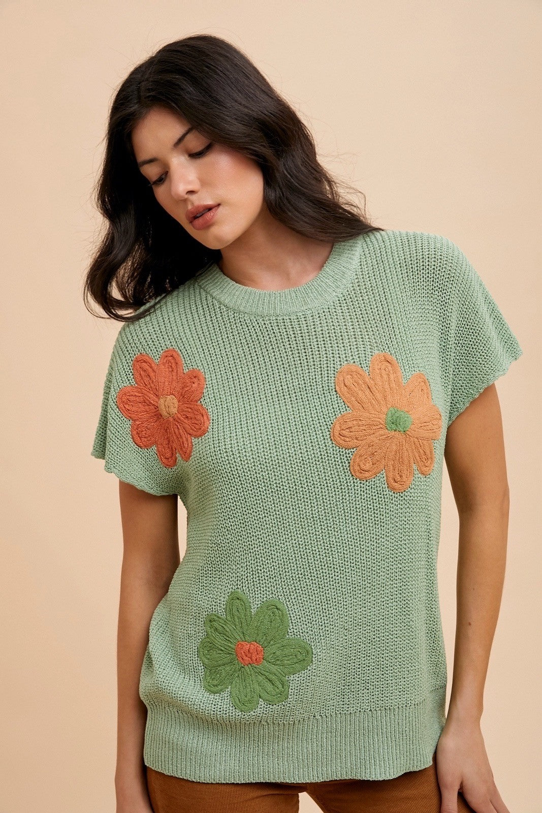 AnnieWear Lightweight Sweater Top with Large Flower Embroidery in