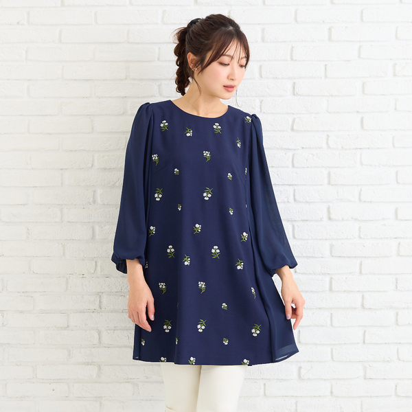 小花刺繍バルーンスリーブチュニック | レディースファッション