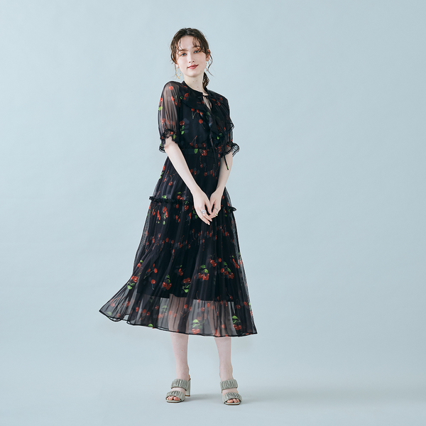 チェリープリントプリーツワンピース | レディースファッション