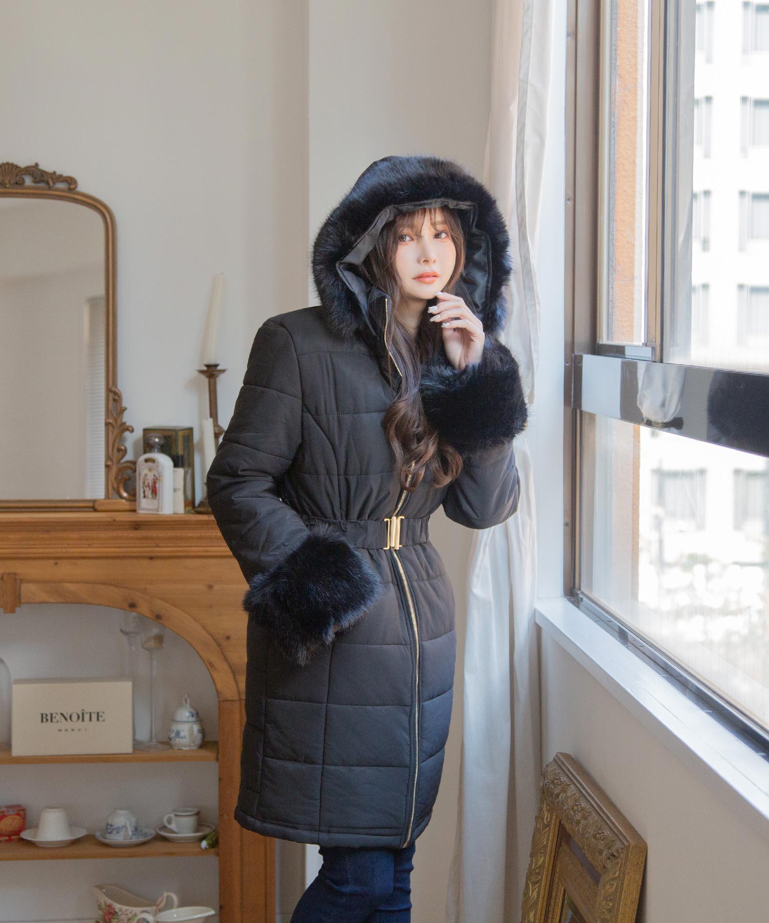 ベルト付き中綿ダウン風ロングコート JB21620 | レディース