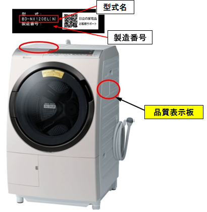 洗濯機の型式と製造番号を確認する方法を知りたいです。：日立の家電品