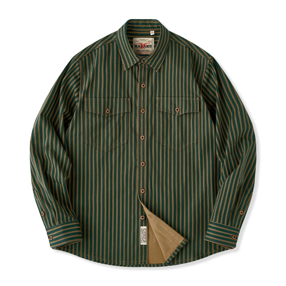 STAY TRUE」刺繍ワッペン コーデュロイ切替裏フリースストライプシャツ