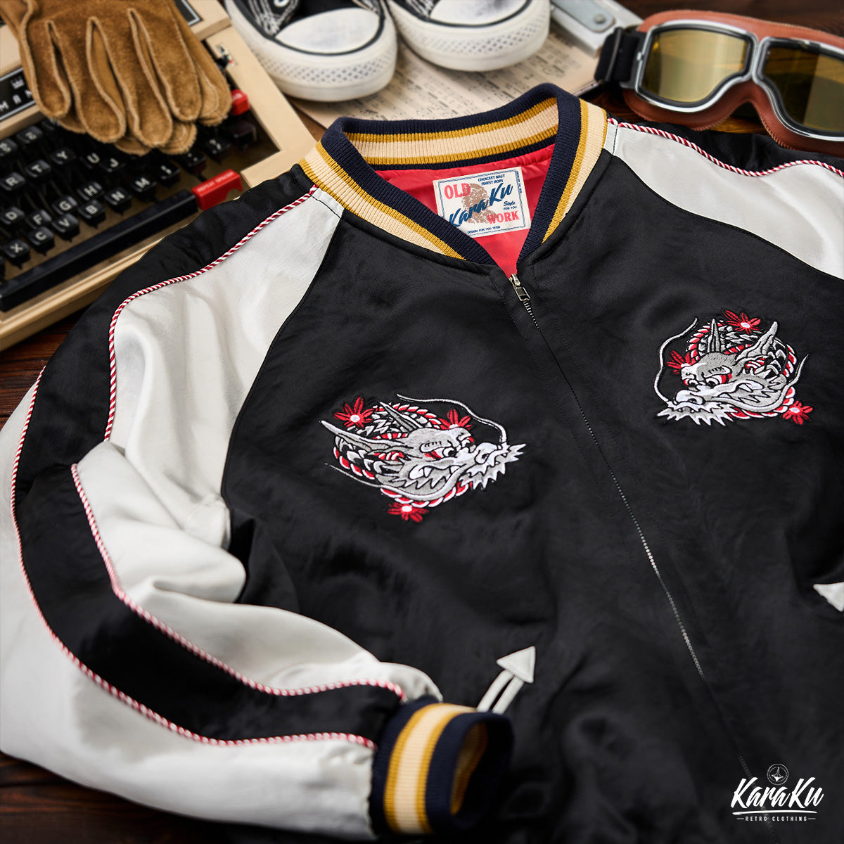 横須賀「酔竜と猫の悪戯」浮世絵風刺繡入りスカジャン – Karakubuy