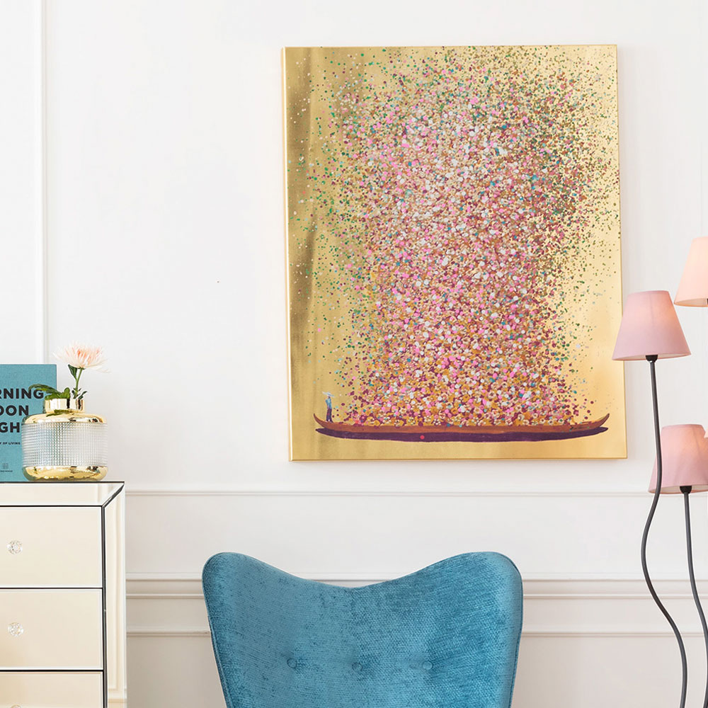 フラワーボート ゴールドピンク 100x80cm タッチドピクチャー ｜【KARE