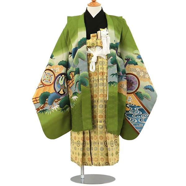 抹茶色に兜と衝立、金襴の袴／七五三・五歳男の子・袴 | 宅配着物