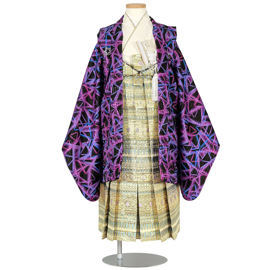 紫地に幾何学模様、白金の袴／七五三・五歳男の子・袴 | 宅配着物