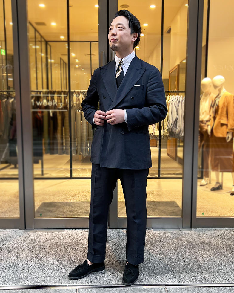 ネイビーリネンスーツ 銀座ベルビア館 神長大輔 | オーダースーツの