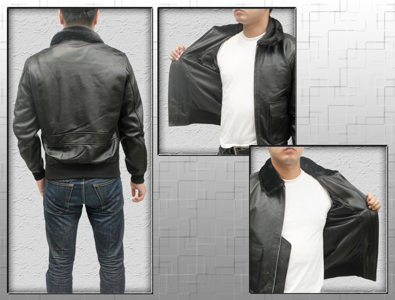 牛革 G-1 ステンカラージャケット ボア付き メンズ ブラック/ブラウン