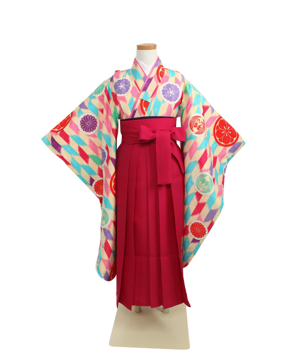 卒園式袴(キッズ向け)｜ 矢絣に華紋柄着物×エンジ袴｜S0099｜宅配着物