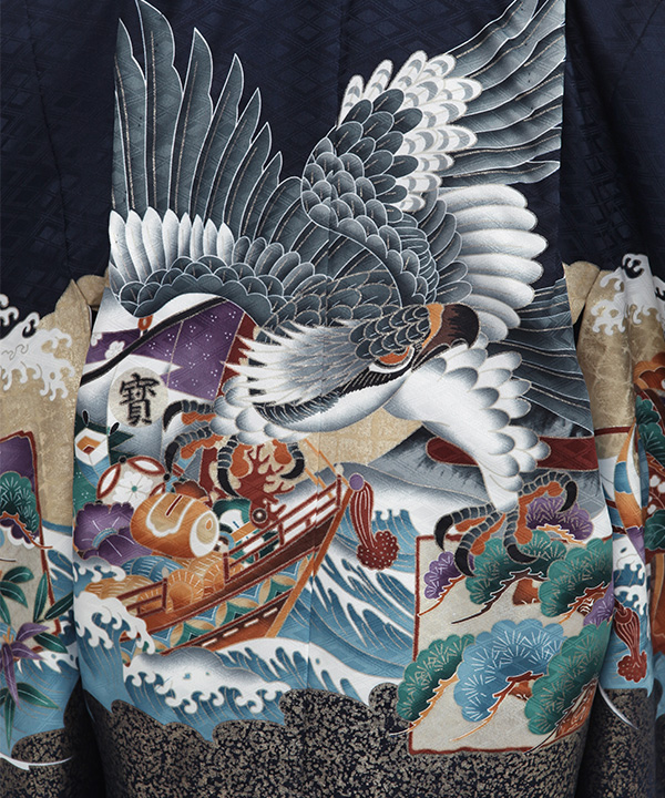 七五三(五歳男の子)着物レンタル｜鷹柄濃紺色羽織 紺着物×紺縞袴｜W-B
