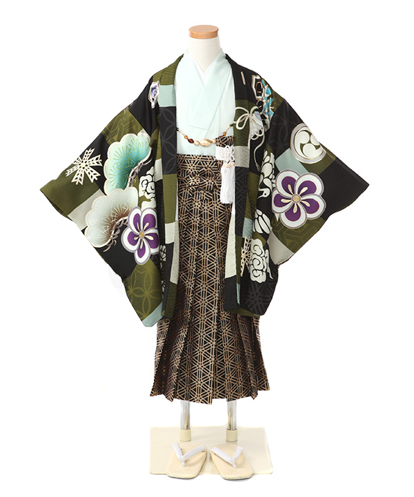 七五三(五歳男の子)着物レンタル｜【九重】鷹柄羽織 薄緑着物×黒袴