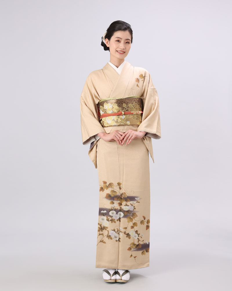 訪問着 | 正絹 ベージュ地 蔦と菊 | 着物ネット通販・宅配レンタルの