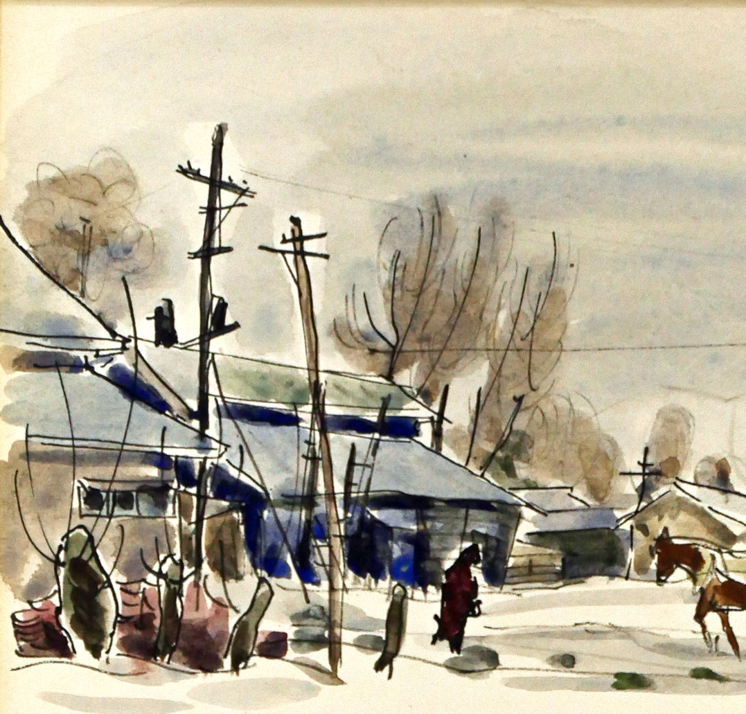 伊藤正「馬橇のある風景」水彩画 絵画買取・販売の小竹美術