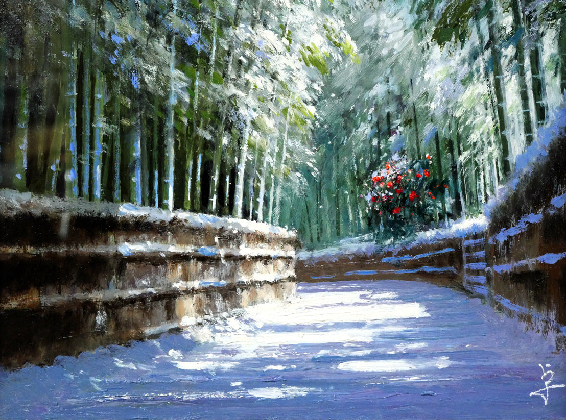 長岡卓「竹林の木漏れ日（京都嵯峨野）」油絵・F4号 絵画買取・販売の