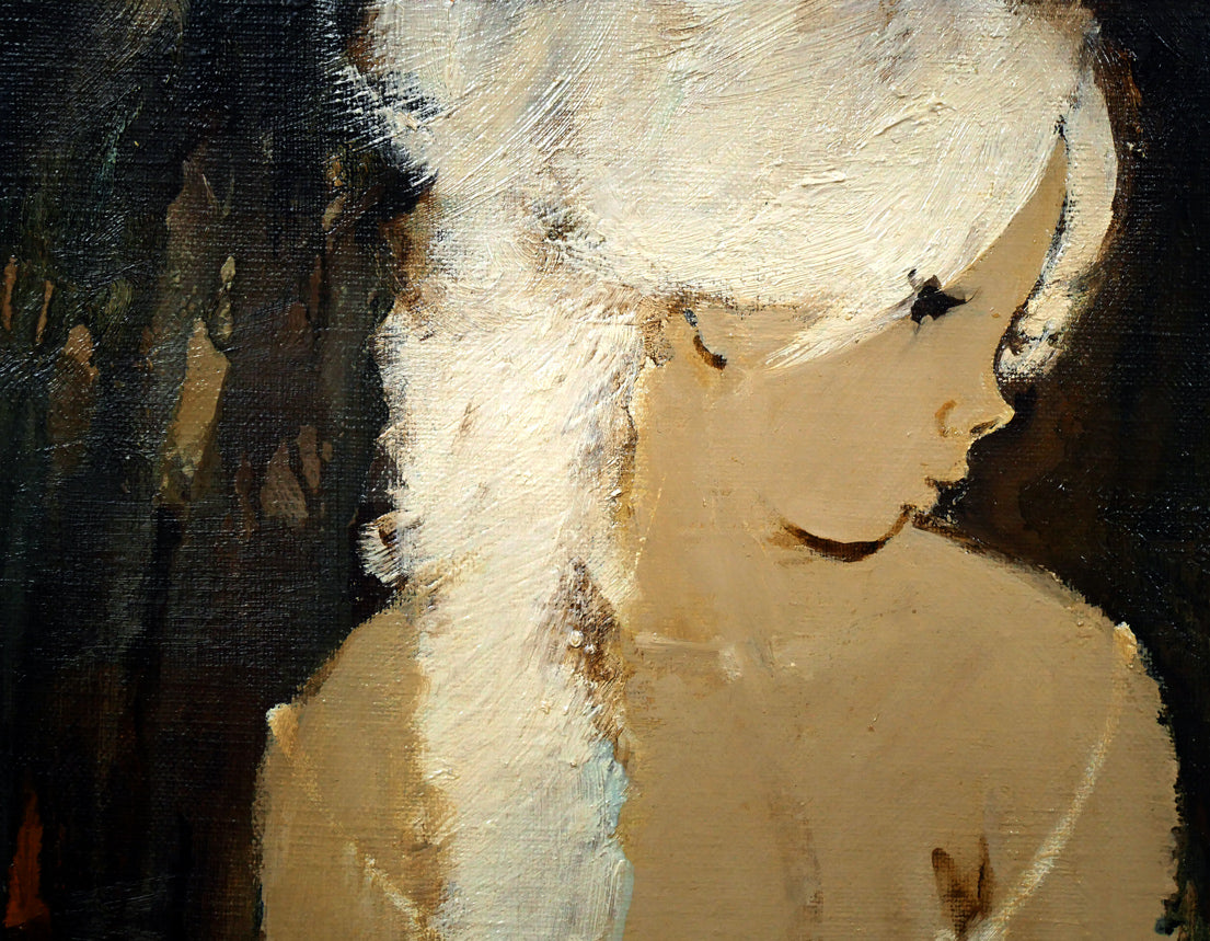 園田郁夫「女性像（白い服）」油絵・F3号 絵画買取・販売の小竹美術