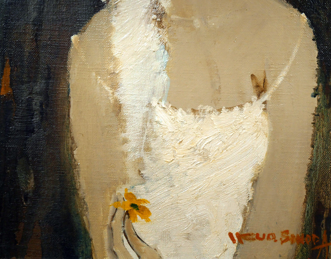 園田郁夫「女性像（白い服）」油絵・F3号 絵画買取・販売の小竹美術