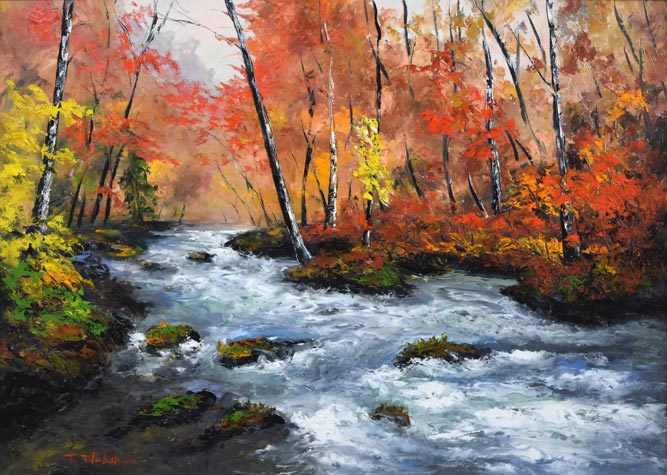 高橋哲夫「奥入瀬渓流」油絵・P30号 絵画買取・販売の小竹美術