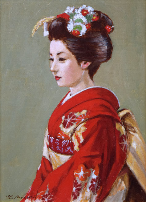 荒木義太郎「新春の舞妓」油絵・F4号 絵画買取・販売の小竹美術