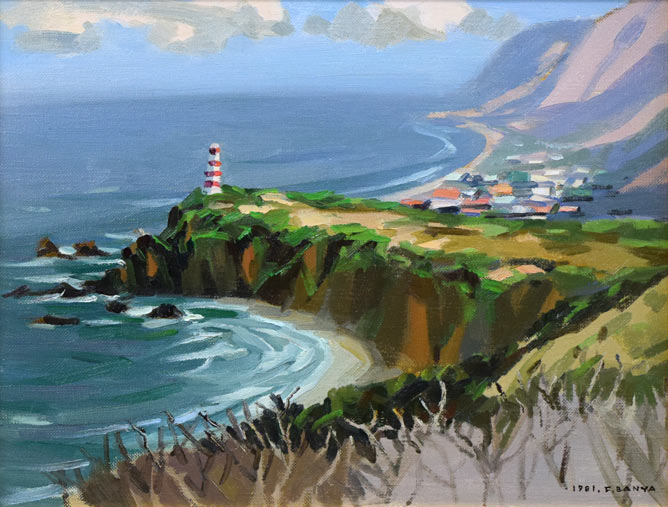 萬谷藤男「岬（北海道風景）」油絵・F6号 絵画買取・販売の小竹美術