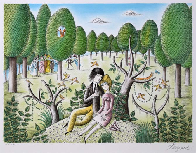レイモン・ペイネ(Raymond Peynet)「二人のピクニック」リトグラフ