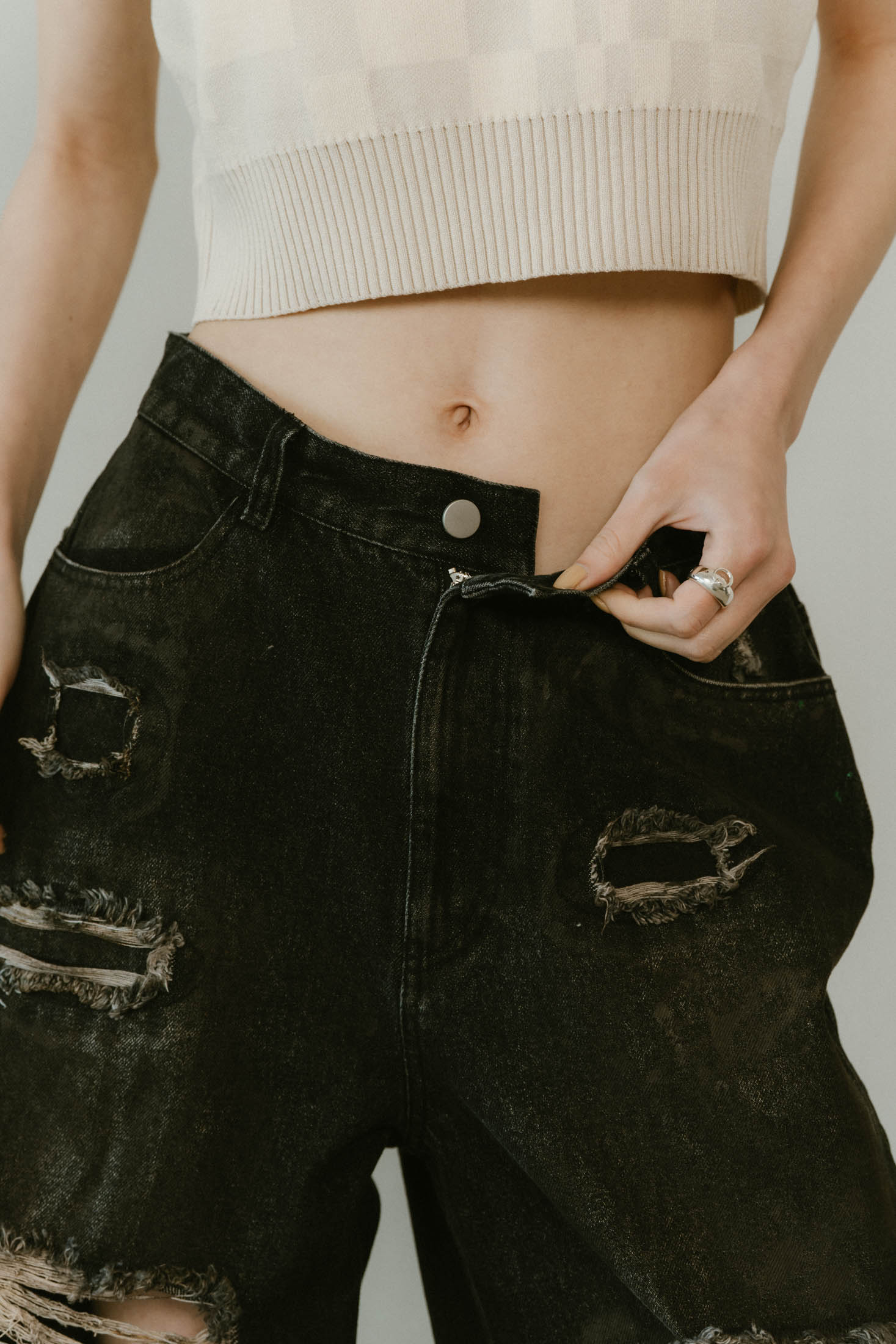 damage denim pants(unisex)/blackwhite | KNUTH MARF