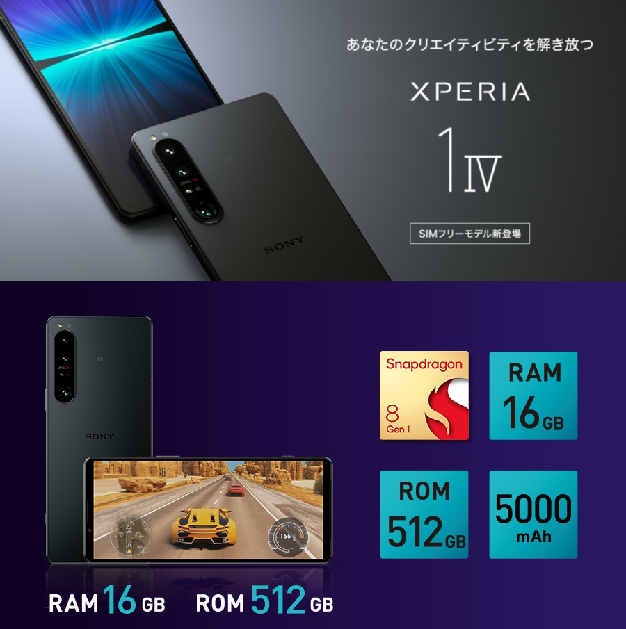 メモリ16GB / ストレージ512GBの「Xperia 1 IV」 SIMフリーモデル は