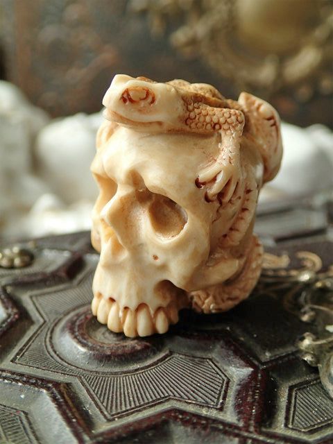 メメントモリ】【髑髏と蛇と蛙】【角あるいは骨に彫刻】ドイツ