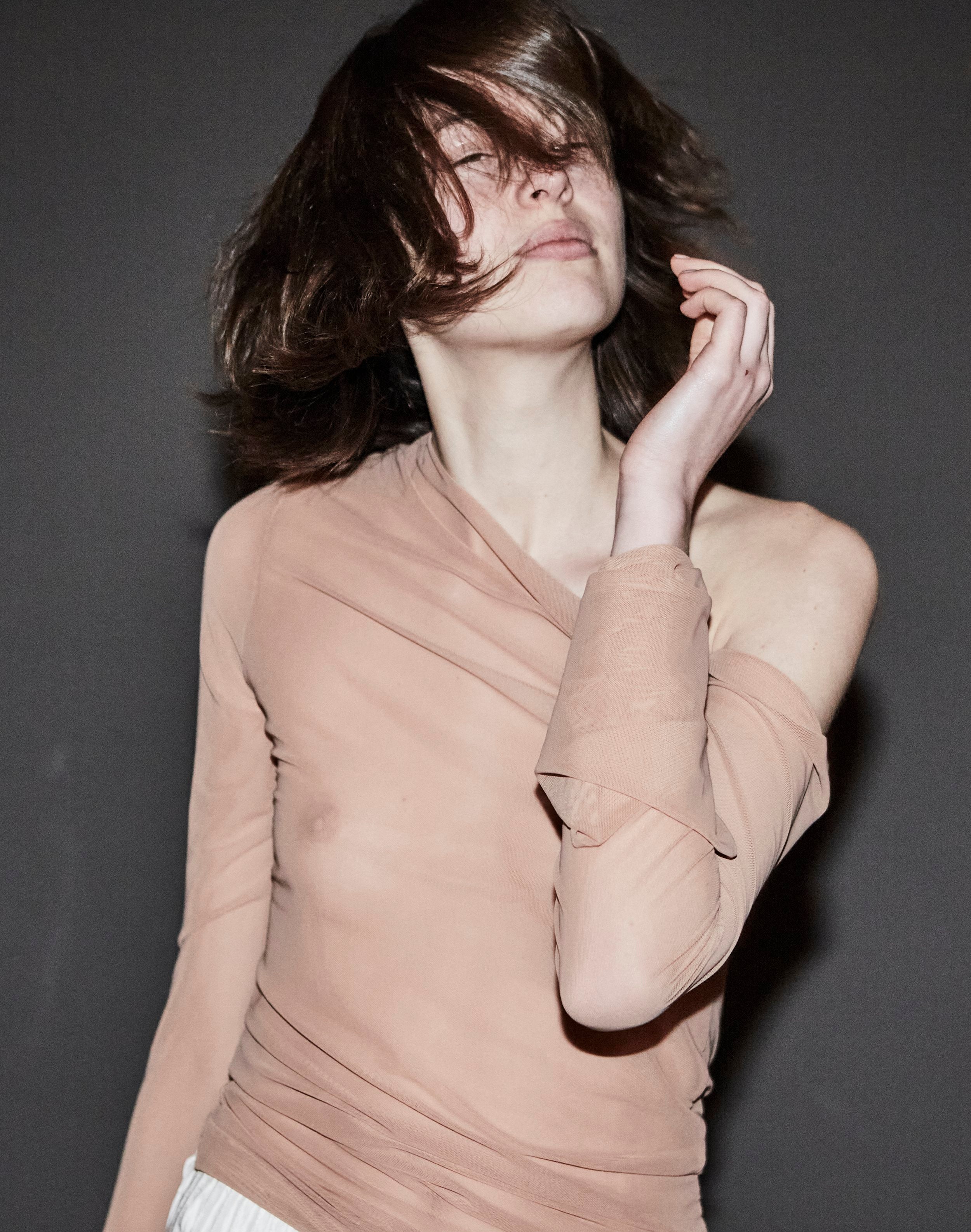 Sumy Endless Sleeves Nude One Shoulder Tulle Top – LabelRow