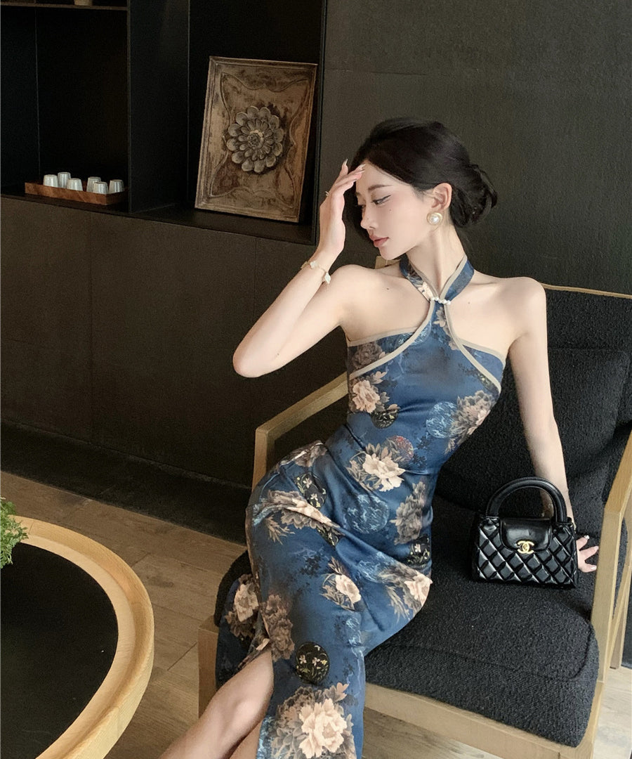 チャイナドレス ドレス 花柄 背露出 セクシー ホルターネック YH2