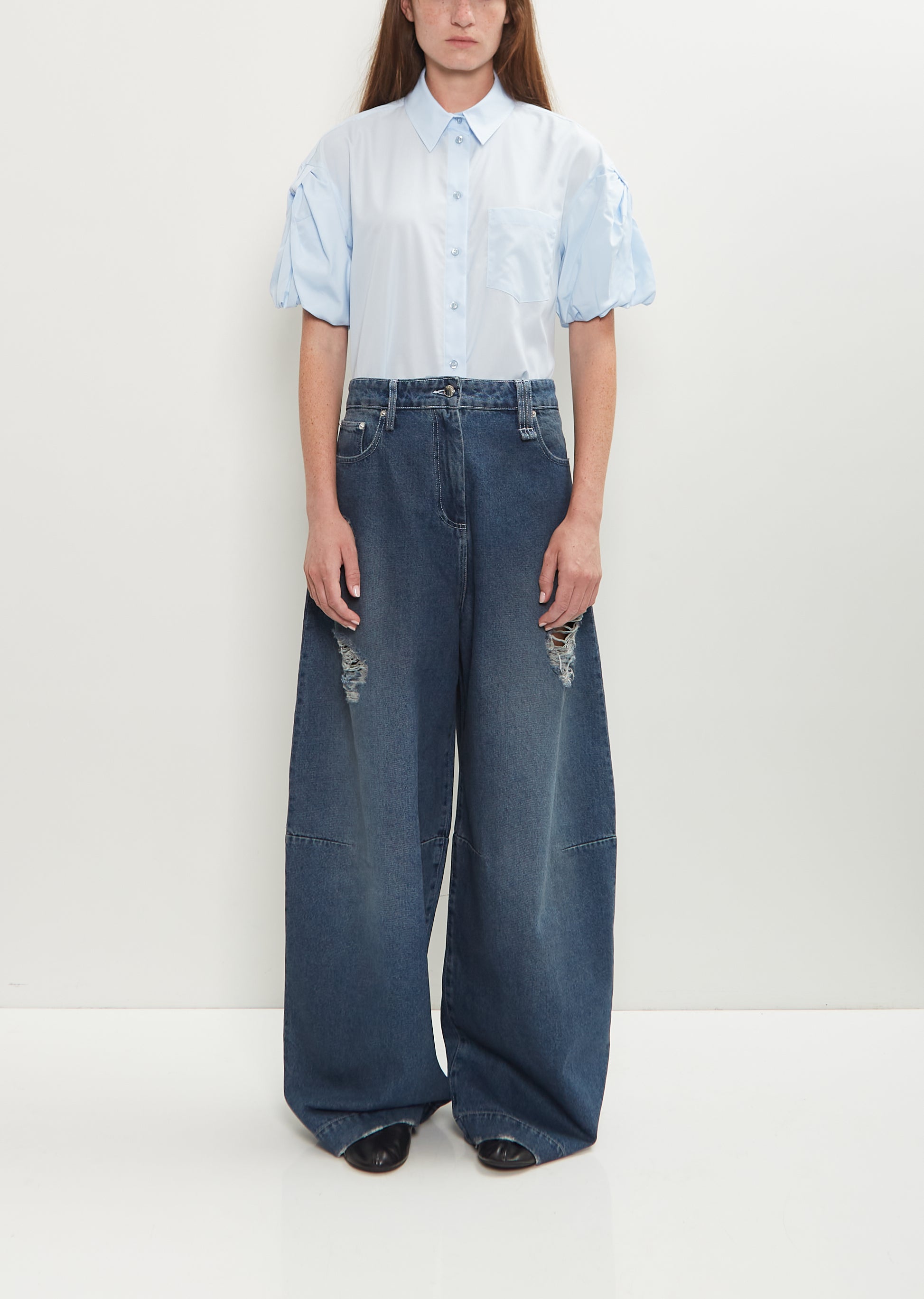 Distressed Wide Leg Puddle Jeans — Distressed Blue – La Garçonne