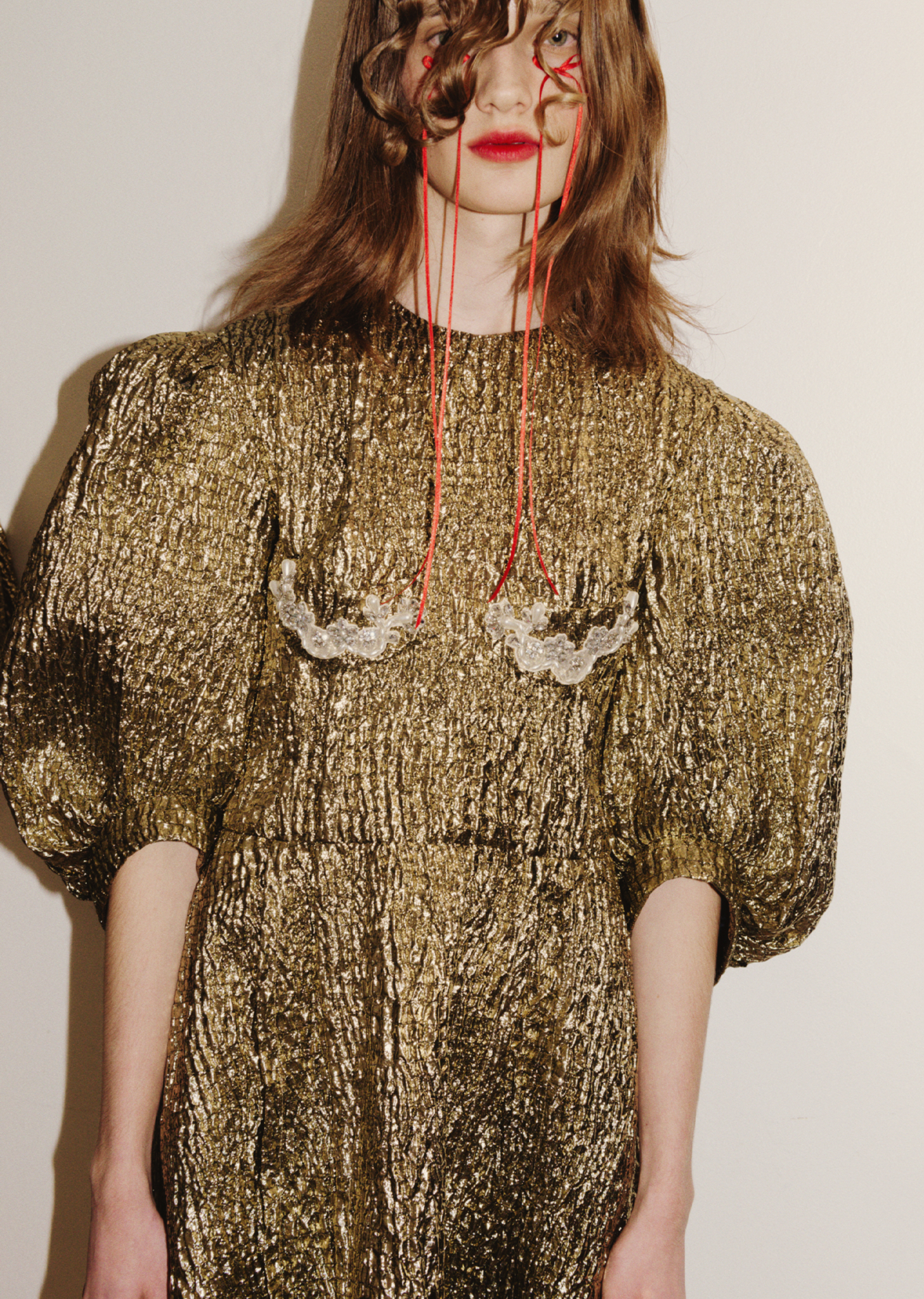 Puff Sleeve Fitted Dress — Gold/Pearl/Clear – La Garçonne