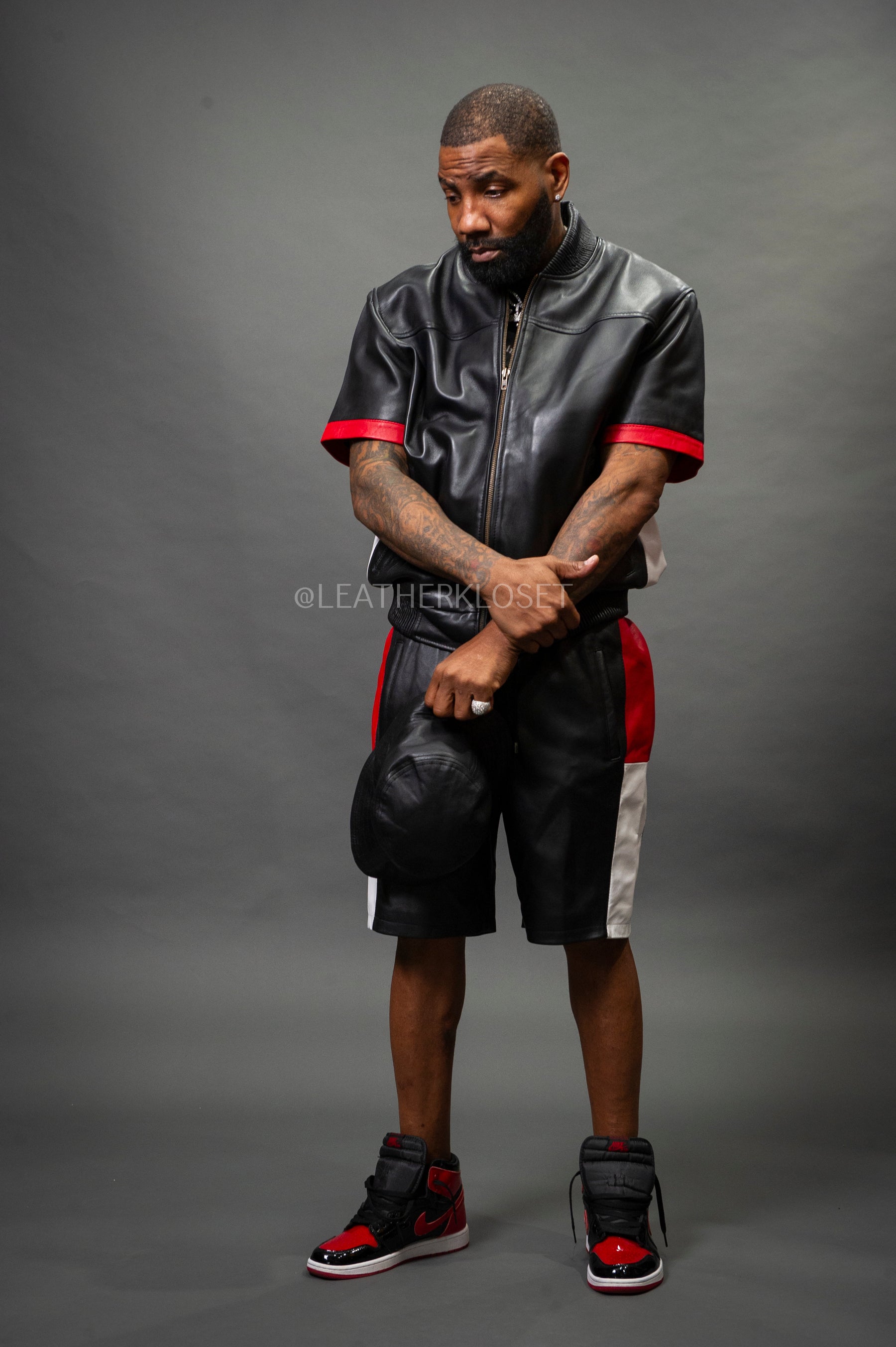 Men's Leo Leather Shorts and Jacket Set [Black/Red/White