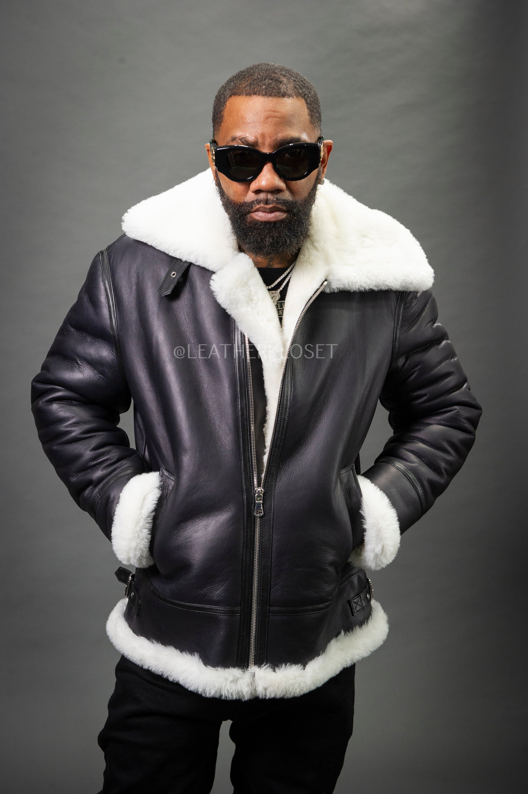 Men's B-3 Bomber Classic Sheepskin Shearling [Black/White