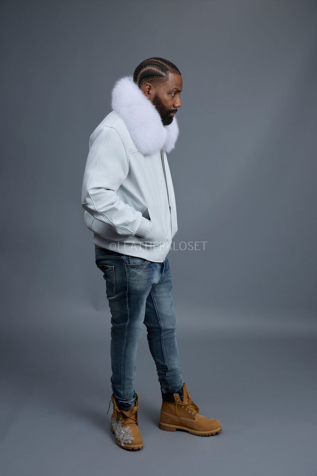 Men's Classic Baseball Leather Jacket With Fox Collar [White