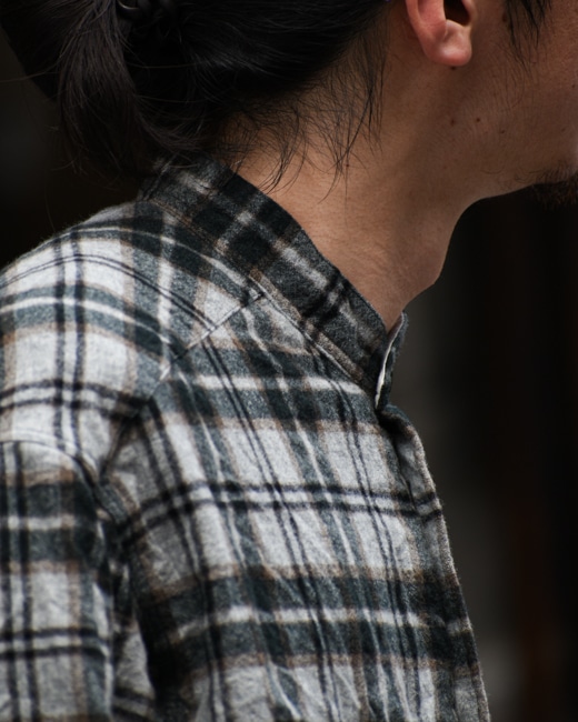 The crooked Tailor French stand collar work shirts [green/gray]