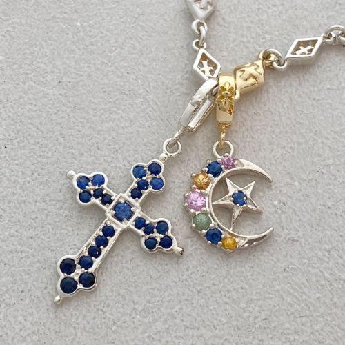 CRESCENT MOON / STAR PENDANT Silver and 18k Yellow Gold / Multi