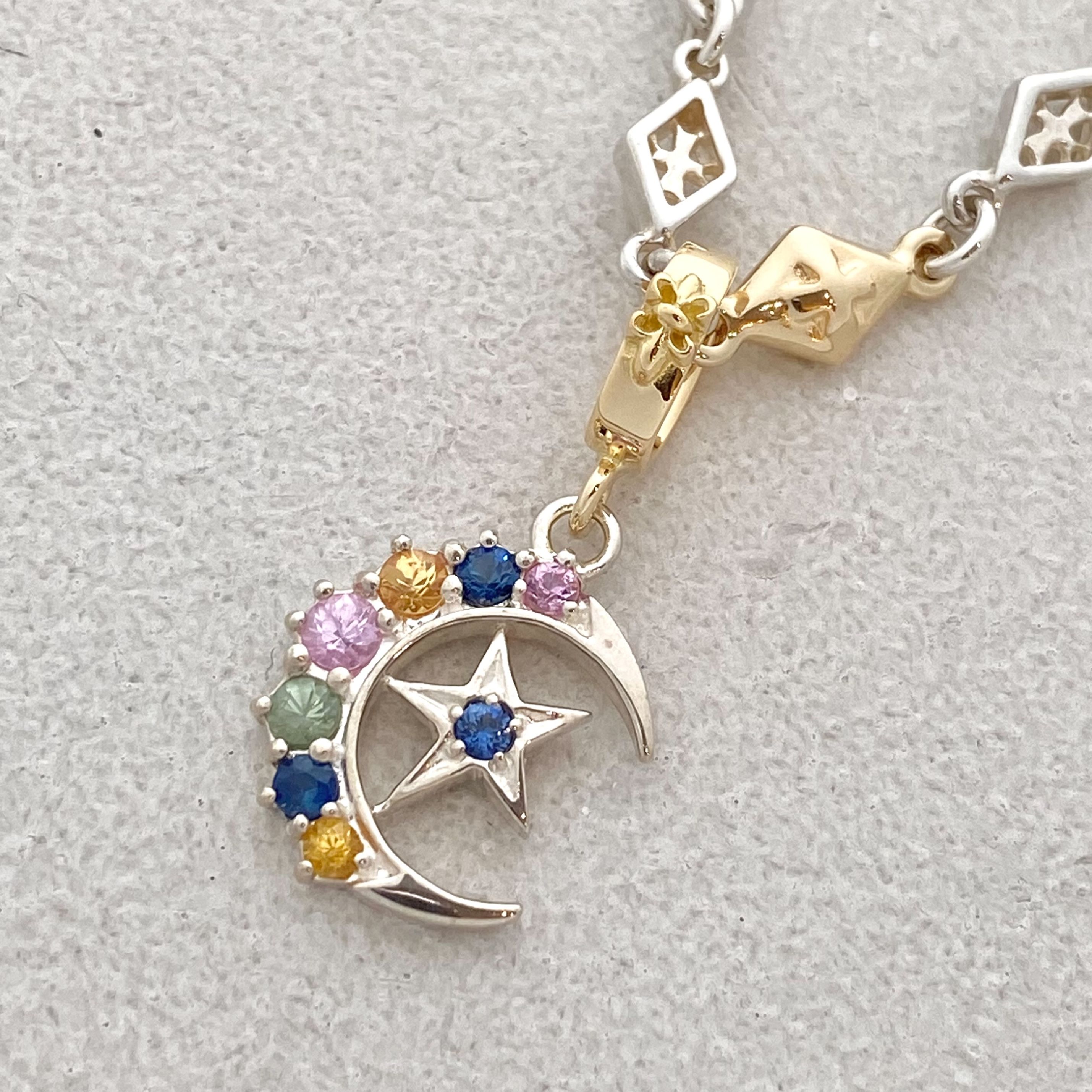 CRESCENT MOON / STAR PENDANT Silver and 18k Yellow Gold / Multi