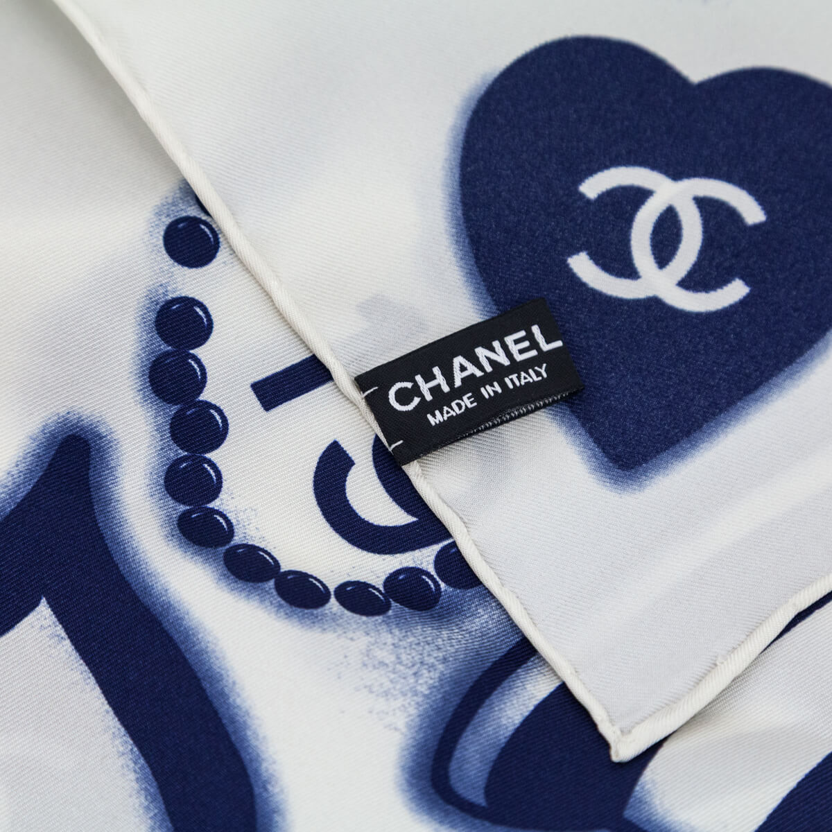 Chanel White & Blue Silk CC Icon Scarf - Preloved Chanel Canada